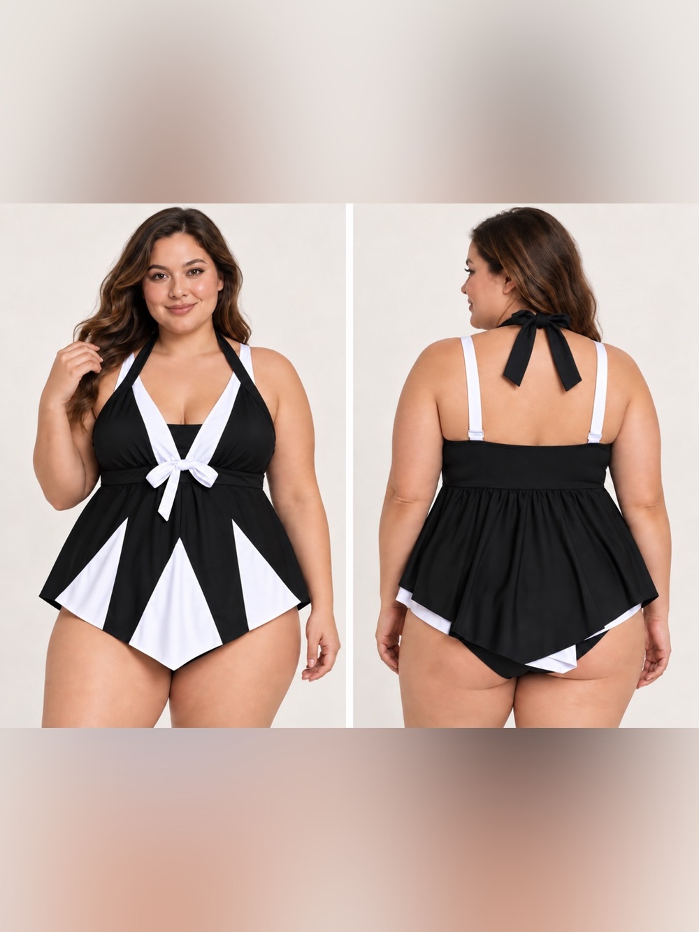 Women’s XL Black White Two Piece Tankini Swimsuit Halter Swimdress Bikini
